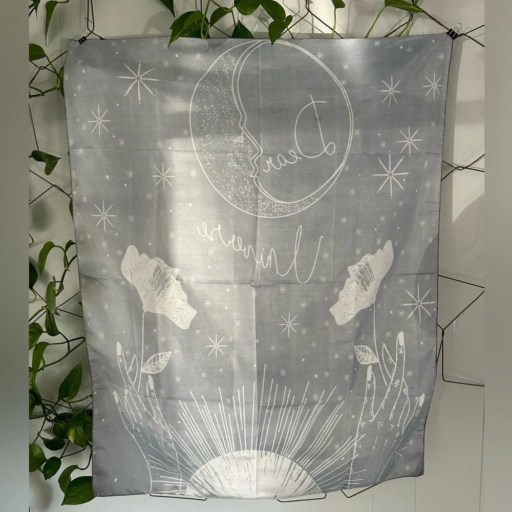 Dear universe black white tapestry hand floral moon star flower meditation power